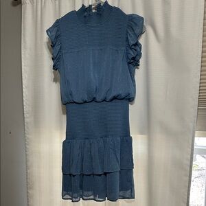 Aqua Steel Blue Ruffle Sleeve Tiered Dress